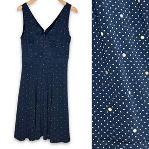 Ann Taylor V Neck Sleeveless Jersey Dress Polka Dot Navy Blue Sz 10